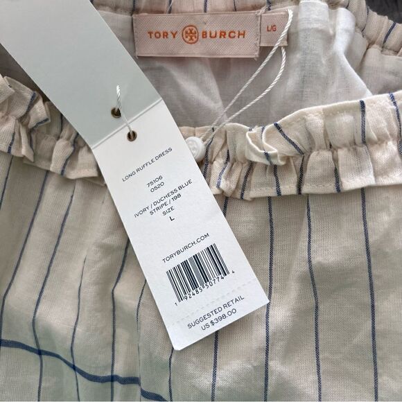 TORY BURCH Long Ruffle Dress Ivory Dutches Blue Stripe Size L. - Picture 10 of 11